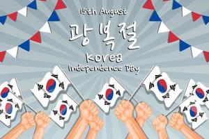 ilustração de 15 de agosto do dia da independência da coreia plana com as mãos segurando bandeiras coreanas vetor