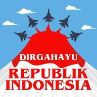 aeronave fazendo formação de voo deixando julgamento esfumaçado vermelho e branco com texto significa dia da independência da república indonésia vetor