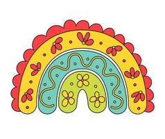 doodle arco-íris retrô com elemento de design colorido hippie de flores vetor