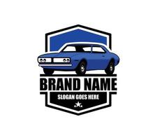 muscle car logotipo - carro vetorial isolado em azul parece elegante de uma frente elegante e ótimo para banners, modelos, emblemas, crachás, roupas vetor