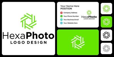 design de logotipo de fotografia hexágono com modelo de cartão de visita. vetor