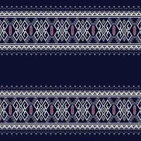 bordado de textura étnica geométrica com design de fundo azul escuro usado em papel de parede e saia, tapete, papel de parede, roupas, embrulho, batik, tecido, vetor de folha, ilustração vermelho e branco sem costura