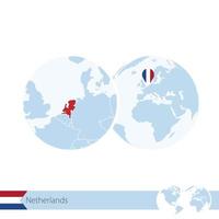 Países Baixos no globo do mundo com bandeira e mapa regional da Holanda. vetor
