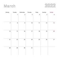 calendário de parede simples para março de 2022 com linhas pontilhadas. o calendário está em inglês, a semana começa a partir de segunda-feira. vetor