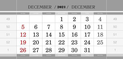 bloco de calendário trimestral de dezembro de 2021. calendário de parede em inglês, semana começa a partir de domingo. vetor