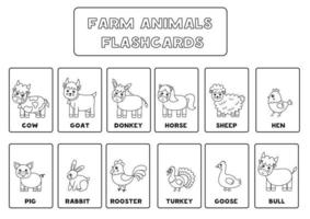flashcards de animais de fazenda preto e branco para crianças. vetor