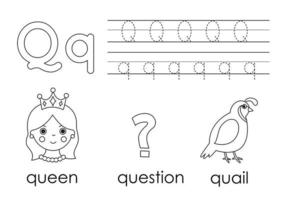 aprendendo alfabeto inglês para crianças. letra q. livro de colorir. vetor