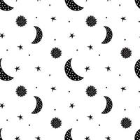 mão desenhada doodle lua flor estrela padrão. bonito vetor crescente preto sem costura de fundo em estilo escandinavo para impressão de moda