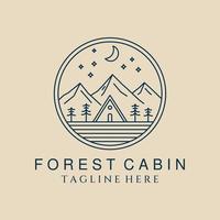 ícone e símbolo do logotipo da arte da linha de montanha e cabine. floresta e árvore com design de ilustração vetorial de emblema
