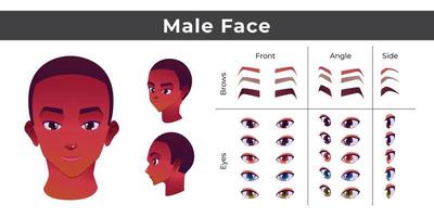 construção de rosto de homem asiático, criação de avatar com partes da cabeça isoladas. com olhos e sobrancelhas diferentes vetor