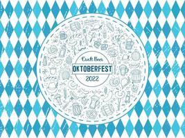 oktoberfest 2022 - festival da cerveja. elementos de doodle desenhados à mão. feriado tradicional alemão. um círculo de elementos em um fundo de diamantes azuis com textura. vetor