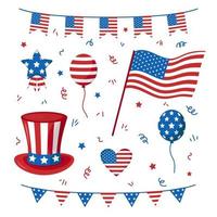 vetor definido para o dia da independência. bandeira americana. coleção com bandeiras, chapéu e balões dos eua. celebração dos EUA.