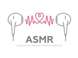 resposta autônoma do meridiano sensorial, logotipo ou ícone asmr. fones de ouvido, formato de coração e ondas sonoras como símbolo de desfrutar de sons, sussurros ou música. estilo de linha plana de ilustração vetorial vetor