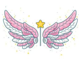 asas mágicas no estilo princesa bonitinha, paleta rosa e cinza. asas de anjo espalhadas e varinha mágica com pó de estrelas. ilustração vetorial vetor