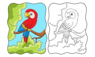 ilustração dos desenhos animados o papagaio está empoleirado graciosamente em um tronco de árvore alto com seu lindo livro ou página de asas para crianças vetor