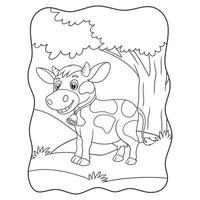 ilustração dos desenhos animados uma vaca andando por comida no meio da floresta sob um grande livro ou página de árvore para crianças preto e branco vetor