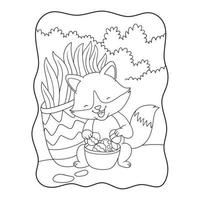 ilustração dos desenhos animados uma raposa segurando um recipiente de ovos coloridos atrás de um arbusto no livro ou página da floresta para crianças preto e branco vetor