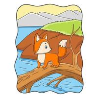 ilustração dos desenhos animados uma raposa andando em um tronco caído à beira do rio vetor