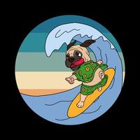 pug surfando na ilustração vetorial de onda vetor