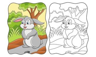 ilustração dos desenhos animados o coelho em pé no meio da floresta olha em volta para o livro de comida ou página para crianças vetor