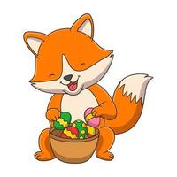 ilustração dos desenhos animados uma raposa segurando um recipiente de ovos coloridos atrás de um arbusto na floresta vetor