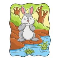 coelho de ilustração dos desenhos animados está respirando ar fresco à beira do rio no meio da floresta vetor