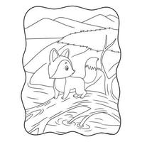 ilustração dos desenhos animados uma raposa andando em um tronco caído pelo livro ou página do rio para crianças preto e branco vetor