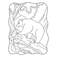 ilustração dos desenhos animados um urso tentando escalar um penhasco íngreme em busca de comida em um livro ou página de penhasco para crianças preto e branco vetor