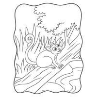 ilustração dos desenhos animados tarsiers relaxando em um tronco de árvore caído à beira do rio para apreciar a beleza do livro ou página da floresta para crianças preto e branco vetor
