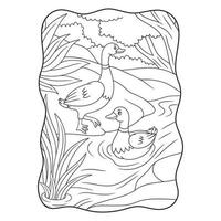 ilustração dos desenhos animados o pato está andando pelo rio e nadando no livro ou página do rio para crianças preto e branco vetor