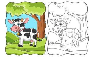 ilustração dos desenhos animados uma vaca andando por comida no meio da floresta sob um grande livro de árvore ou página para crianças vetor