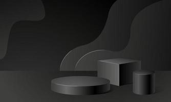 palco de fundo preto abstrato com plataformas de formas geométricas 3d. um pódio para a demonstração de produtos cosméticos. ilustração vetorial de estoque. vetor
