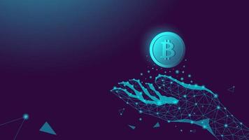 mão poligonal humana e manet bitcoin. abstrato para um banner com espaço de cópia. ilustração vetorial de estoque. vetor