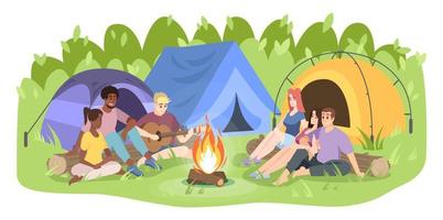 ilustração em vetor plana de recreação acampamento de verão. homens e mulheres jovens, personagens de desenhos animados de campistas. amigos sentam-se ao lado da fogueira, tocando violão. férias de verão, descanso da natureza isolado no fundo branco