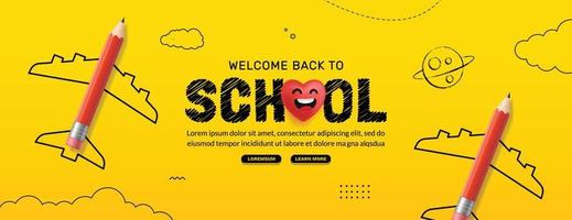 volta ao banner horizontal da escola com avião de lápis colorido. cursos on-line, modelo de página da web de aprendizado e tutoriais. conceito de educação online vetor