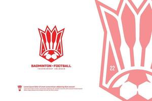logotipo do badminton e do clube de futebol, conceito de logotipo de torneios esportivos. identidade da equipe do clube isolada no fundo branco, ilustração vetorial de design de símbolo de combinação de badminton e futebol vetor