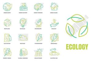 conjunto de ilustração em vetor logotipo ícone ecologia ambiental. pacote ecológico. casa verde, carro elétrico, energia hidrelétrica e modelo de símbolo etc para coleção de design gráfico e web