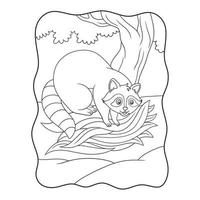 ilustração dos desenhos animados o guaxinim está coletando folhas de uma grande árvore para fazer um ninho para viver em livro ou página para crianças preto e branco vetor