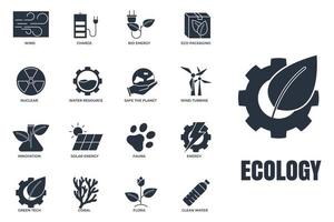 conjunto de ilustração em vetor logotipo ícone ecologia ambiental. pacote ecológico. energia solar, turbina eólica, nuclear, recursos hídricos e modelo de símbolo etc para coleção de design gráfico e web