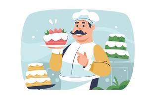 personagem pasteleiro mostrando seu bolo de morango vetor