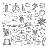 ilustração de objetos de clip art de vetor desenhado à mão doodle oceano