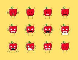 conjunto de personagem de maçã vermelha fofa com expressões de raiva. adequado para emoticon, logotipo, símbolo e mascote vetor
