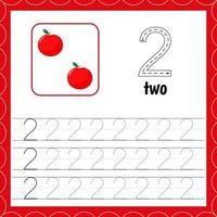 cartões com números para crianças. traçar a linha. para crianças aprendendo a contar e escrever. número dois. maçã vetor