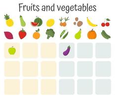 flashcards para crianças com frutas e legumes. crianças pré-escolares brincando, aprendendo atividade. cartões educacionais para o desenvolvimento do pensamento lógico. planilha para pré-escolares. vetor