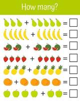 planilha para crianças da escola. jogo de matemática com frutas para crianças, nível fácil, jogo de educação. planilha para crianças da escola. jogos úteis para pré-escola e jardim de infância para o desenvolvimento do pensamento lógico. vetor