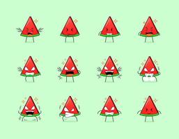 conjunto de personagem de fatia de melancia fofa com expressões de raiva. adequado para emoticon, logotipo, símbolo e mascote vetor