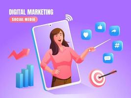 uma mulher explica sobre mídia social de marketing digital com logotipos de mídia social e diagramas gráficos vetor