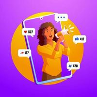 conceito de mídia social de marketing digital com mulher gritando com megafone e logotipo de mídia social vetor