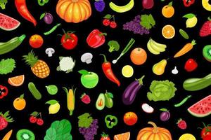 padrão de frutas e legumes em preto vetor