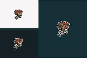 crânio de cabeça e design de ilustração vetorial de flor rosa vermelha vetor